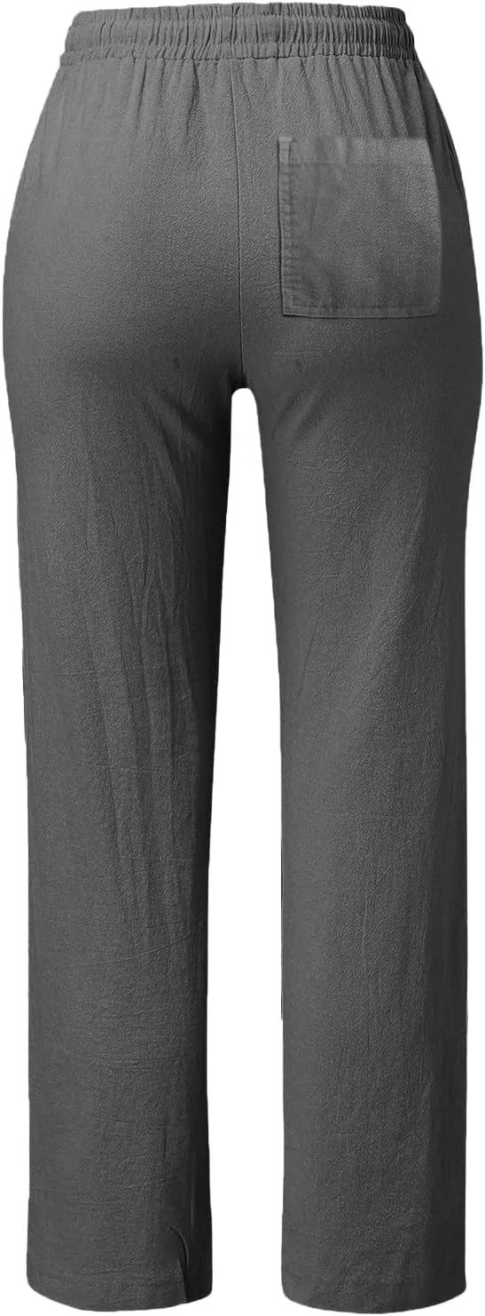Women Solid Straight Solid Elastic Pants Long Drawstring Linen Women Waist Cotton Casual Wide Leg Womens Pants Plus Size