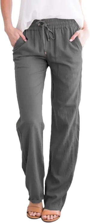 Women Solid Straight Solid Elastic Pants Long Drawstring Linen Women Waist Cotton Casual Wide Leg Womens Pants Plus Size