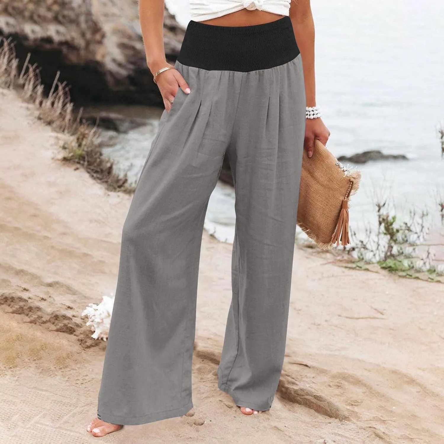 Women Summer Palazzo Pants High Waisted Cotton Linen Pant High Waisted Wide Leg Pants Boho Lounge Trousers