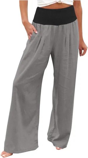 Women Summer Palazzo Pants High Waisted Cotton Linen Pant High Waisted Wide Leg Pants Boho Lounge Trousers
