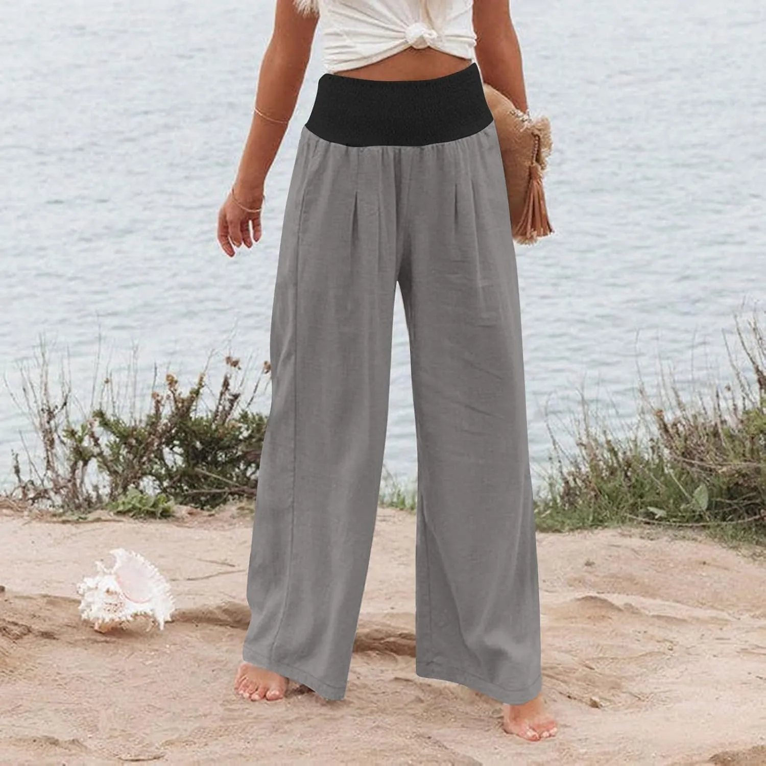 Women Summer Palazzo Pants High Waisted Cotton Linen Pant High Waisted Wide Leg Pants Boho Lounge Trousers