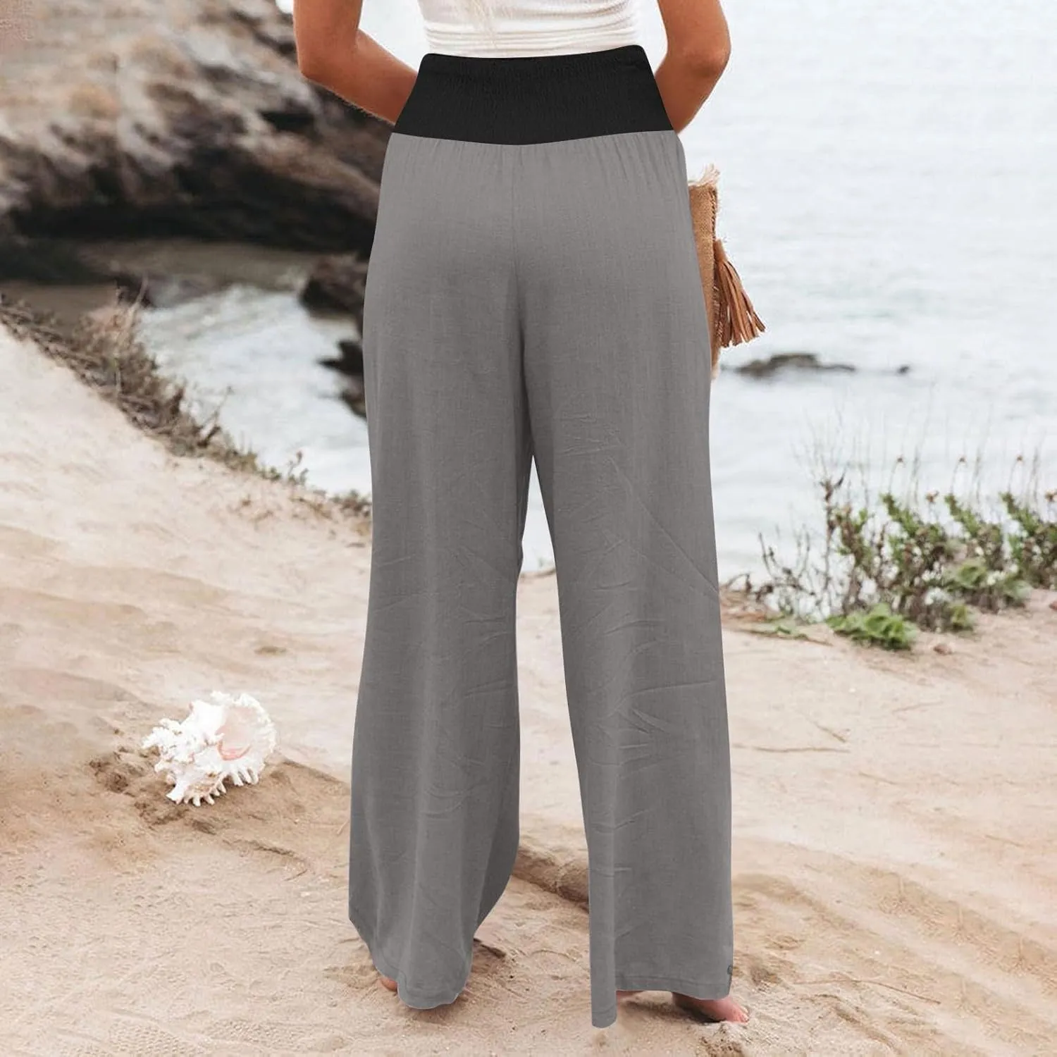 Women Summer Palazzo Pants High Waisted Cotton Linen Pant High Waisted Wide Leg Pants Boho Lounge Trousers