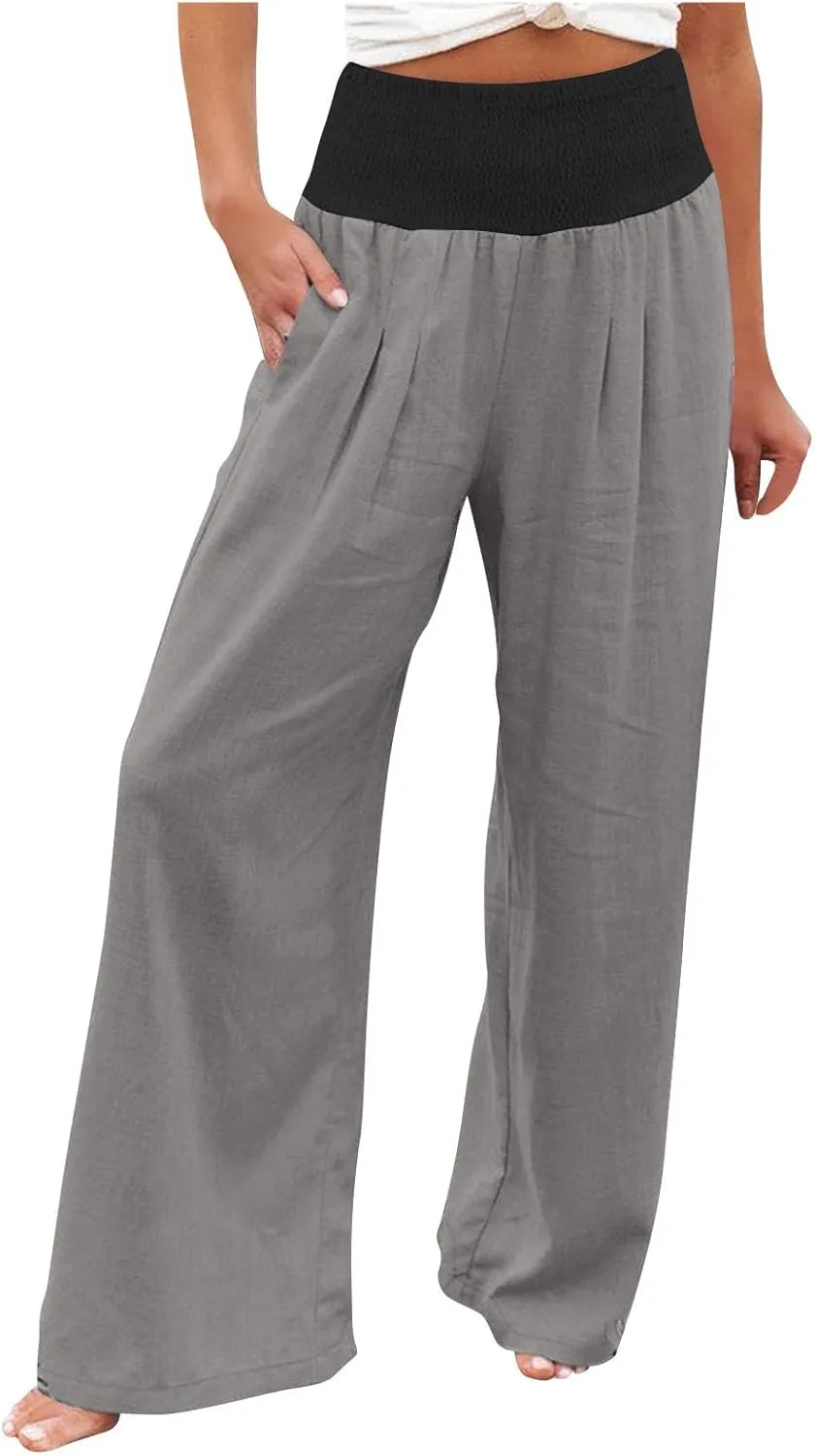 Women Summer Palazzo Pants High Waisted Cotton Linen Pant High Waisted Wide Leg Pants Boho Lounge Trousers