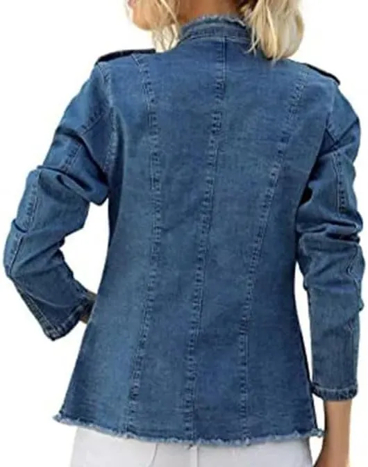 Women Vintage Denim Jacket Plus Size Tassel Detail Slim Fit Long Sleeve Casual Coat