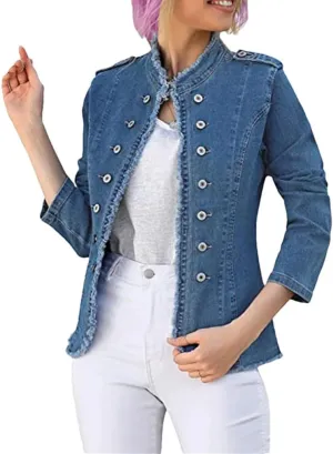 Women Vintage Denim Jacket Plus Size Tassel Detail Slim Fit Long Sleeve Casual Coat