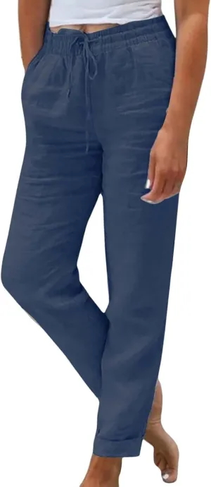Women Wide Leg Pants Ladies Summer Elastic High Waist Solid Color Cotton Linen Wide Leg Loose Pants Summer Palazzo