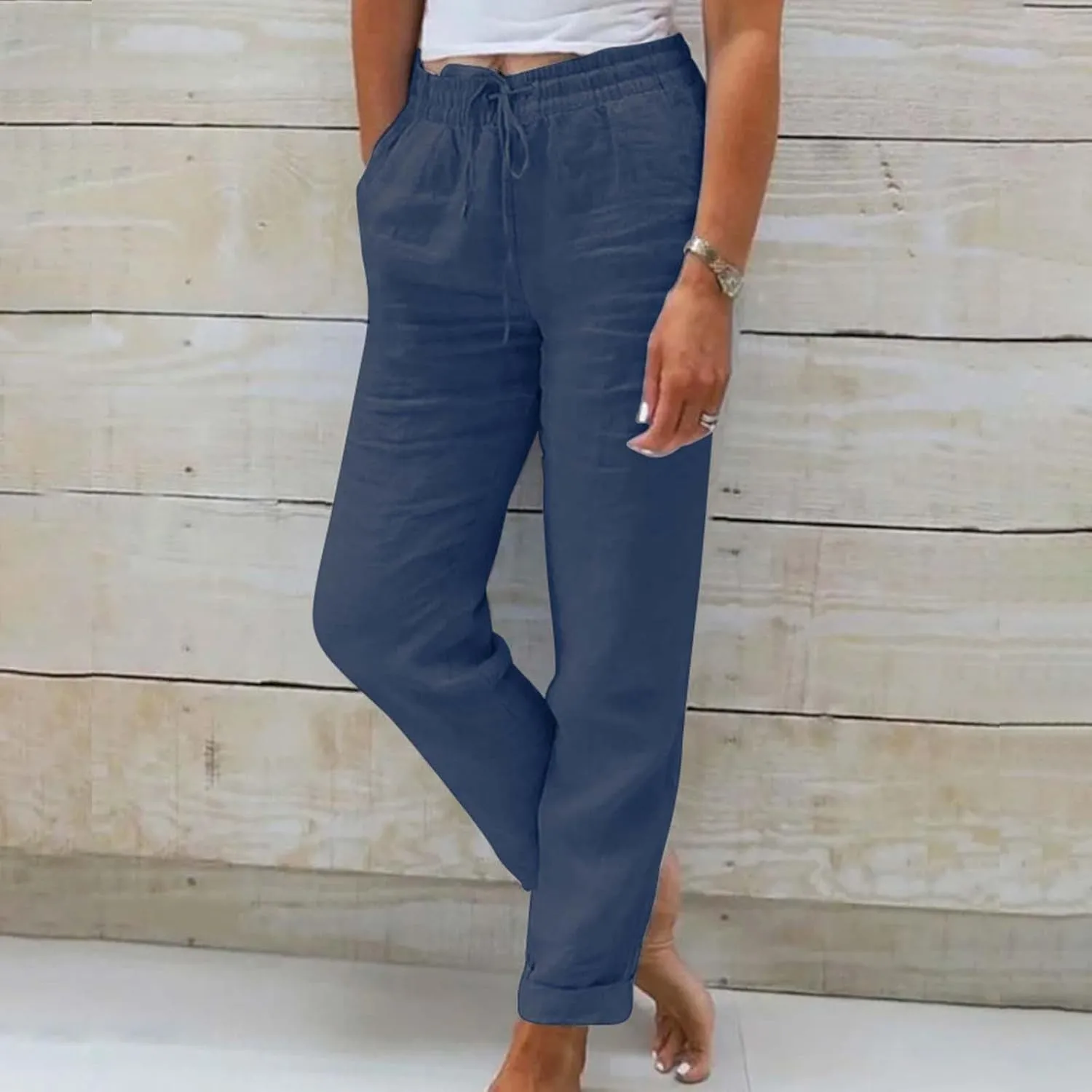 Women Wide Leg Pants Ladies Summer Elastic High Waist Solid Color Cotton Linen Wide Leg Loose Pants Summer Palazzo