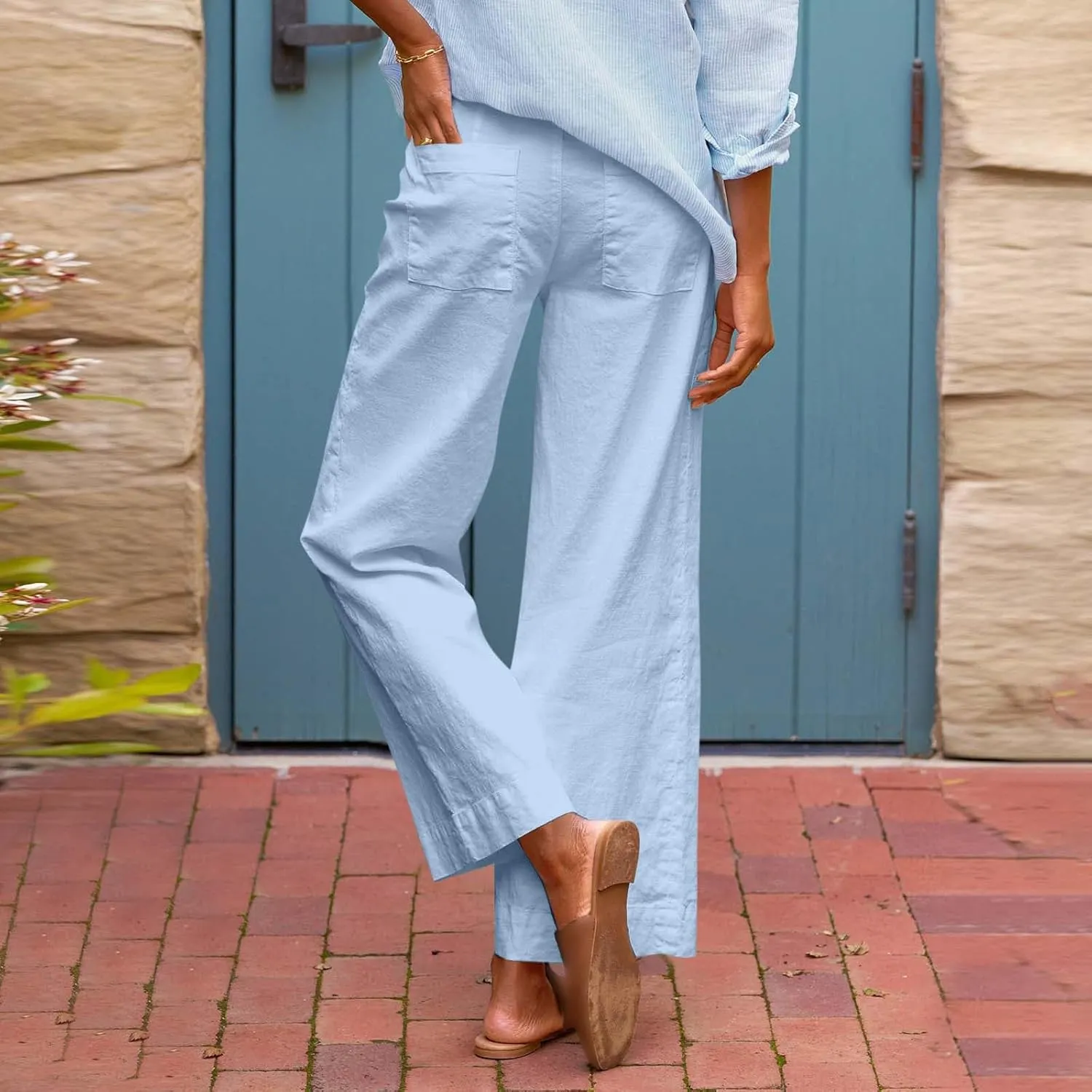 Women Wide Leg Pants, Straight High Waisted Wide Legs Trousers Casual Summer Cotton Linen Palazzo Pants with Pockets