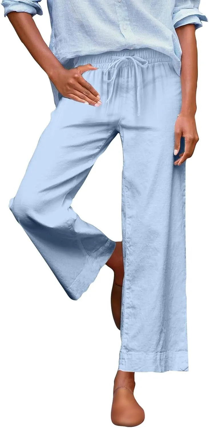 Women Wide Leg Pants, Straight High Waisted Wide Legs Trousers Casual Summer Cotton Linen Palazzo Pants with Pockets