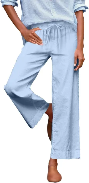 Women Wide Leg Pants, Straight High Waisted Wide Legs Trousers Casual Summer Cotton Linen Palazzo Pants with Pockets