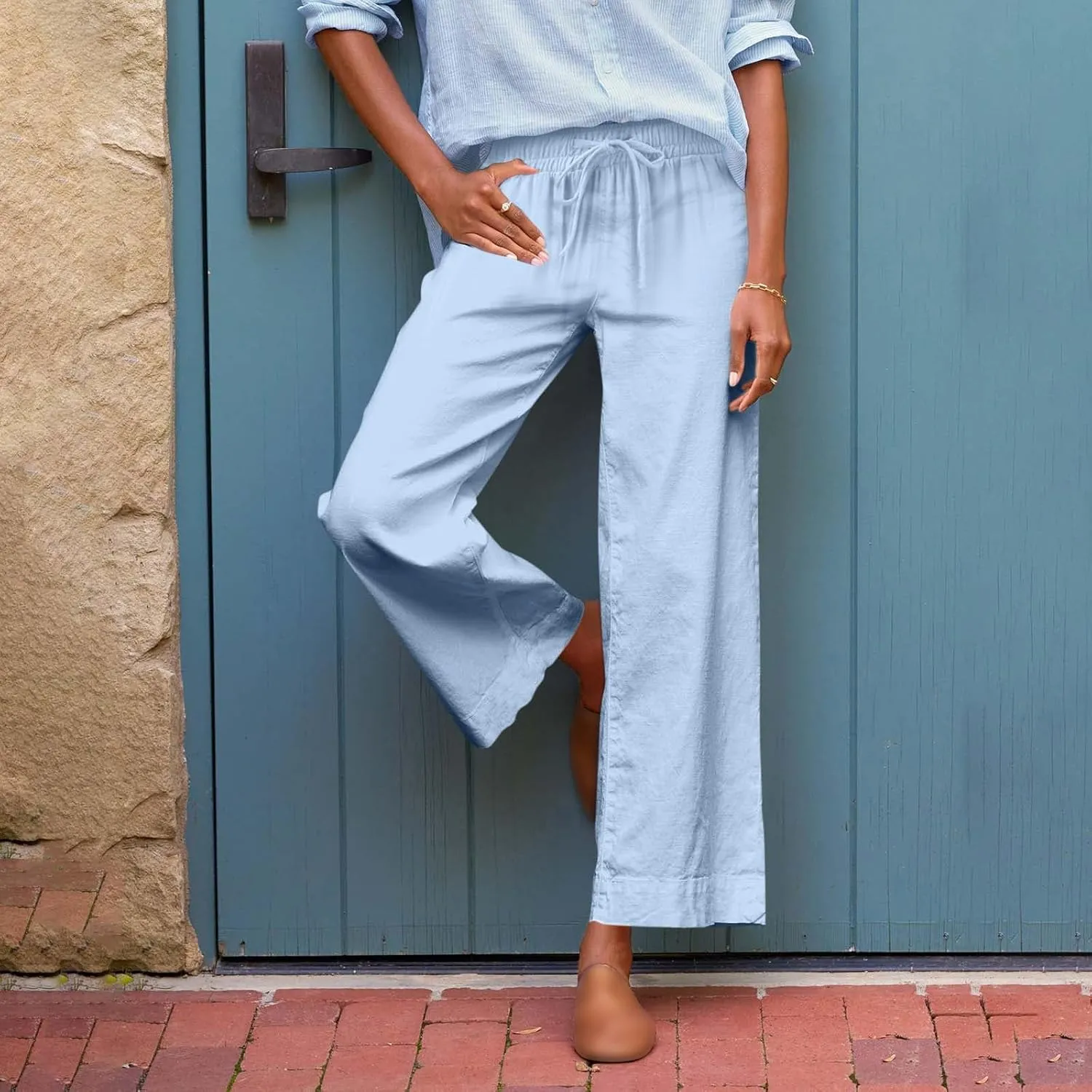 Women Wide Leg Pants, Straight High Waisted Wide Legs Trousers Casual Summer Cotton Linen Palazzo Pants with Pockets