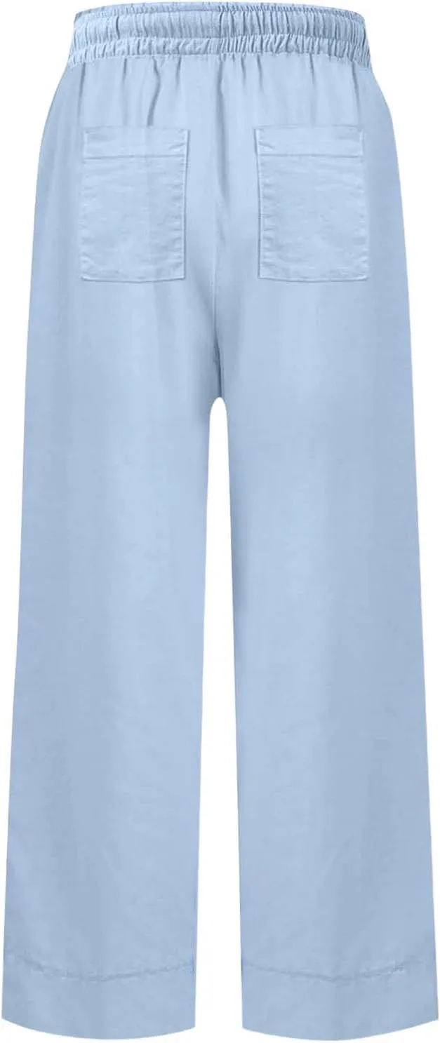 Women Wide Leg Pants, Straight High Waisted Wide Legs Trousers Casual Summer Cotton Linen Palazzo Pants with Pockets
