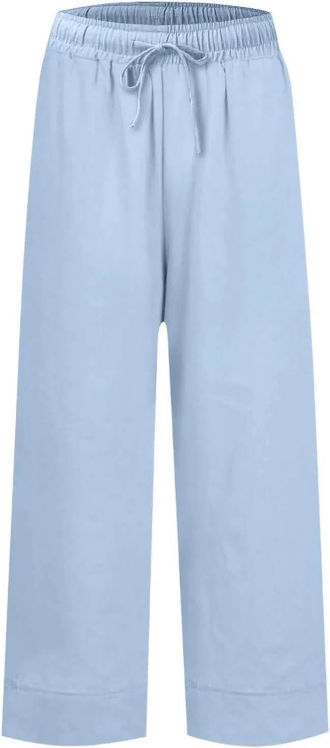 Women Wide Leg Pants, Straight High Waisted Wide Legs Trousers Casual Summer Cotton Linen Palazzo Pants with Pockets