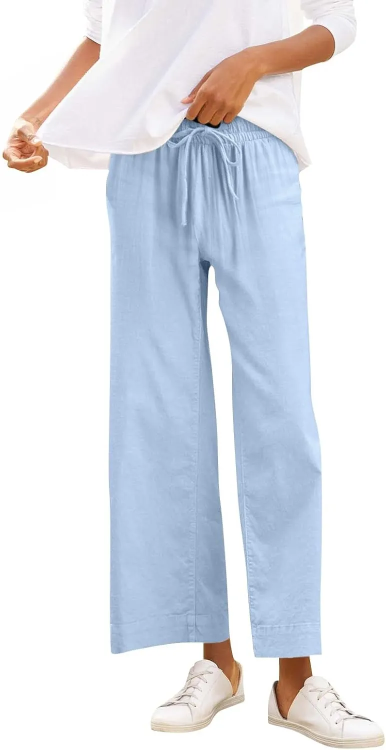Women Wide Leg Pants, Straight High Waisted Wide Legs Trousers Casual Summer Cotton Linen Palazzo Pants with Pockets
