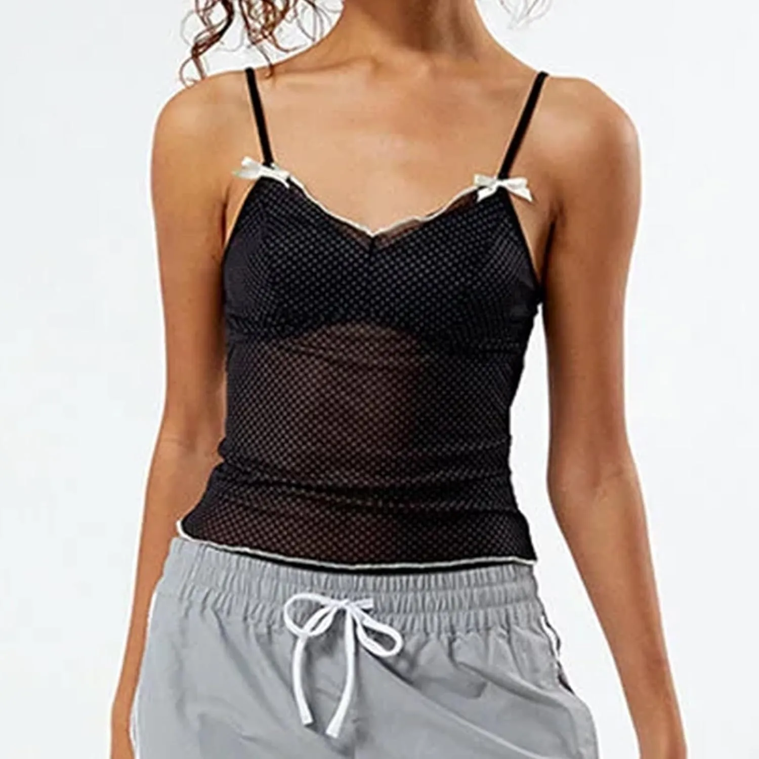 Women Y2K Sexy Cami Tank Top Polka Dot Sleeveless V Neck Spaghetti Strap Lace Trim Camisole Crop Tops