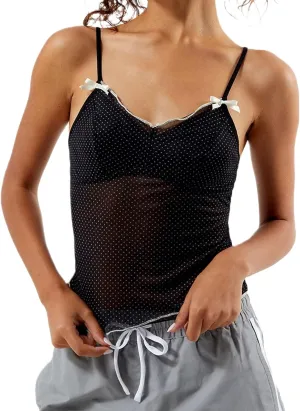 Women Y2K Sexy Cami Tank Top Polka Dot Sleeveless V Neck Spaghetti Strap Lace Trim Camisole Crop Tops