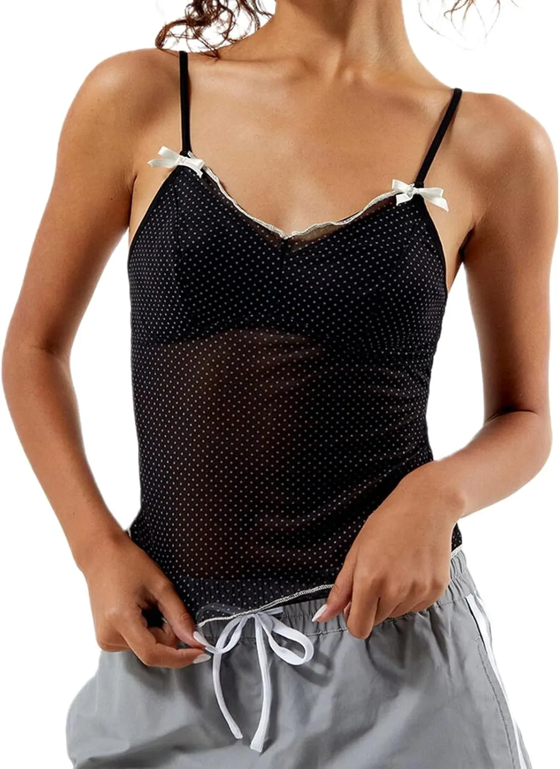 Women Y2K Sexy Cami Tank Top Polka Dot Sleeveless V Neck Spaghetti Strap Lace Trim Camisole Crop Tops