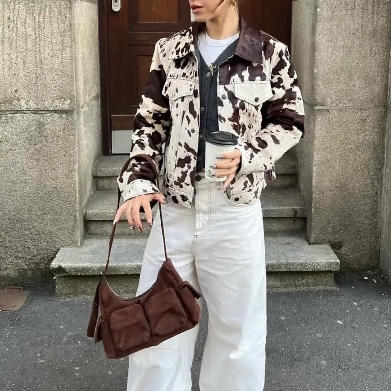 Women's Animal Print Denim Jacket Casual Cow Print Jacket Long Sleeve Button Up Motorcycle Cropped Coats