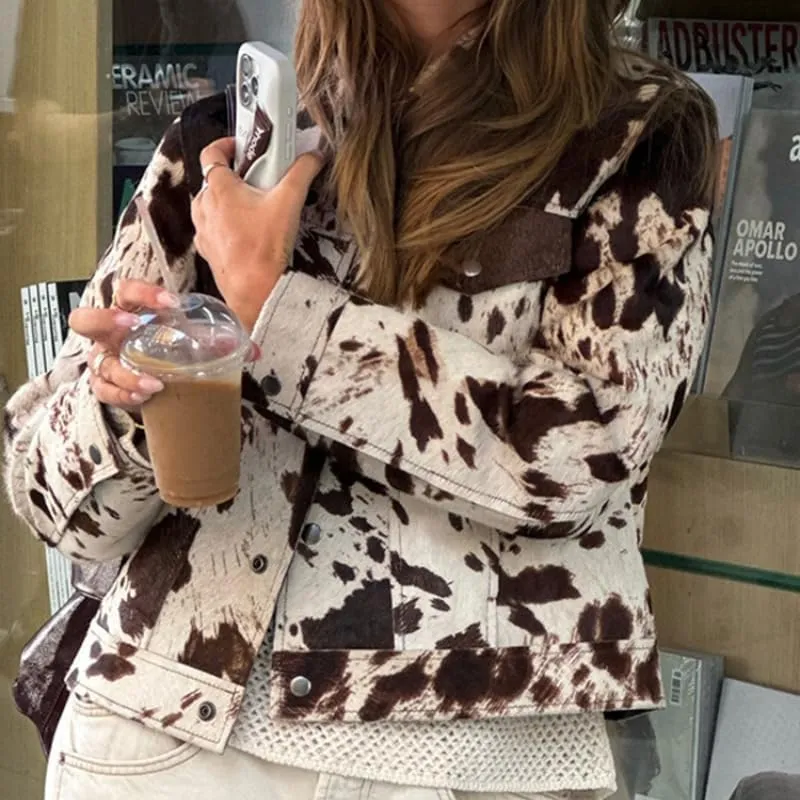 Women's Animal Print Denim Jacket Casual Cow Print Jacket Long Sleeve Button Up Motorcycle Cropped Coats