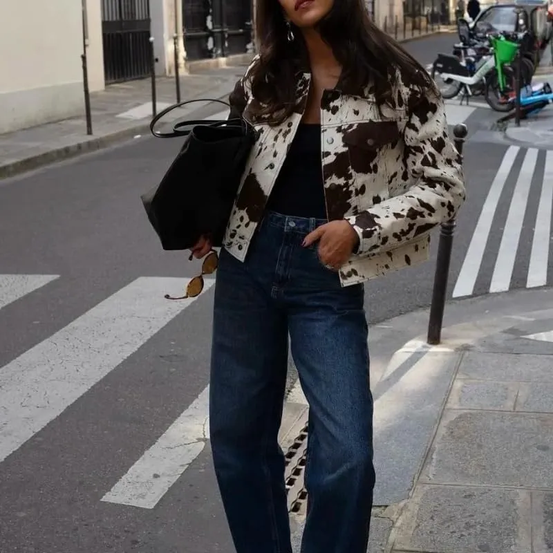 Women's Animal Print Denim Jacket Casual Cow Print Jacket Long Sleeve Button Up Motorcycle Cropped Coats