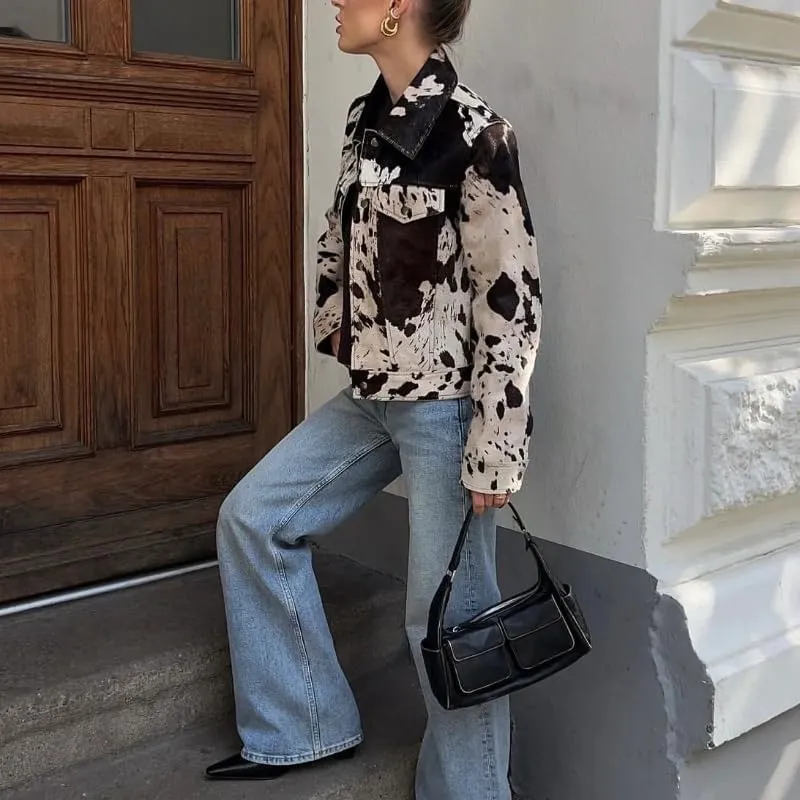 Women's Animal Print Denim Jacket Casual Cow Print Jacket Long Sleeve Button Up Motorcycle Cropped Coats