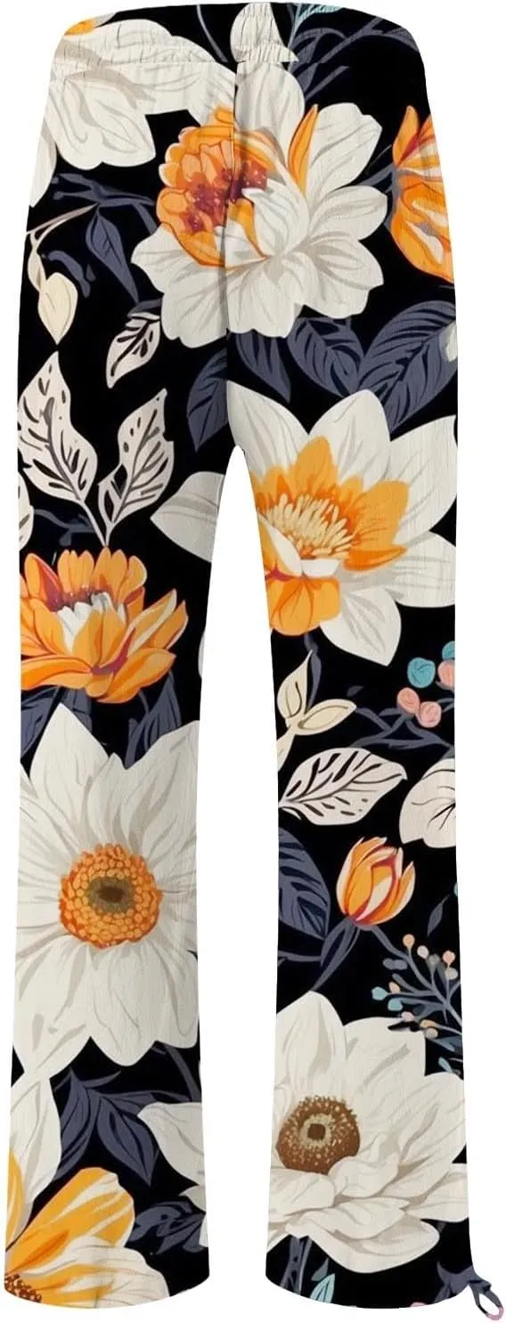 Women's Boho Floral Linen Pants 2025 Summer Boho Wide Leg High Waist Lounge Pant 2025 Beach Travel Vacation Outfits
