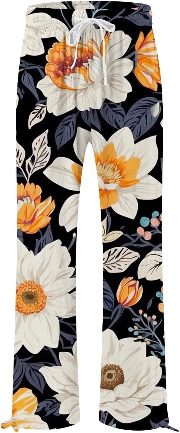 Women's Boho Floral Linen Pants 2025 Summer Boho Wide Leg High Waist Lounge Pant 2025 Beach Travel Vacation Outfits