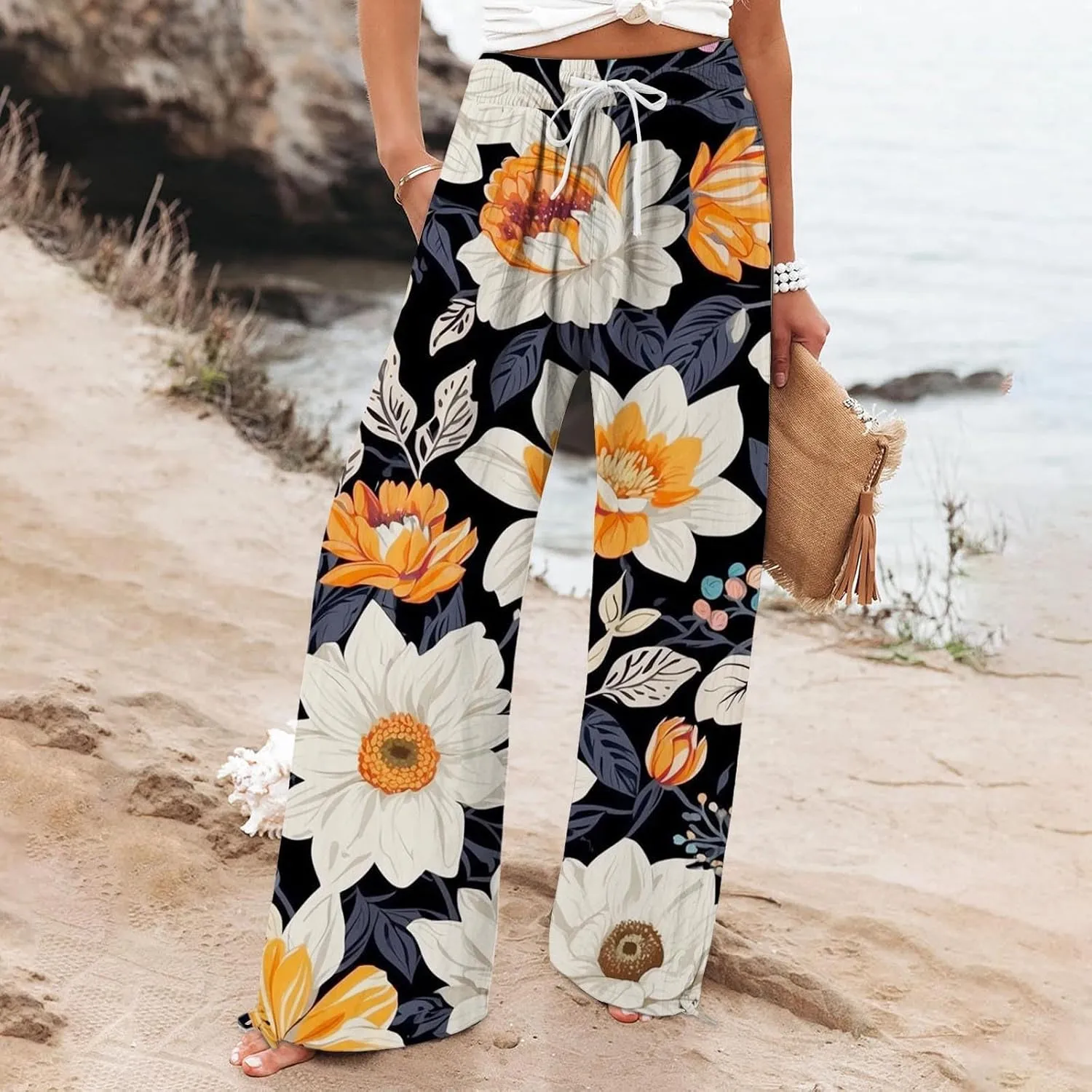 Women's Boho Floral Linen Pants 2025 Summer Boho Wide Leg High Waist Lounge Pant 2025 Beach Travel Vacation Outfits