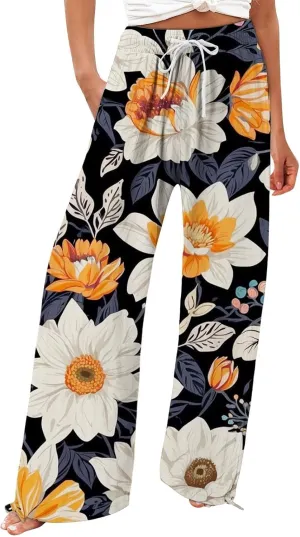 Women's Boho Floral Linen Pants 2025 Summer Boho Wide Leg High Waist Lounge Pant 2025 Beach Travel Vacation Outfits