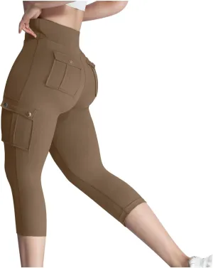Women's Butt Lifting Biker Capri Cargo High Waist Flap Pocket Workout Capris Causal Athletic Gym Training Sweatpant