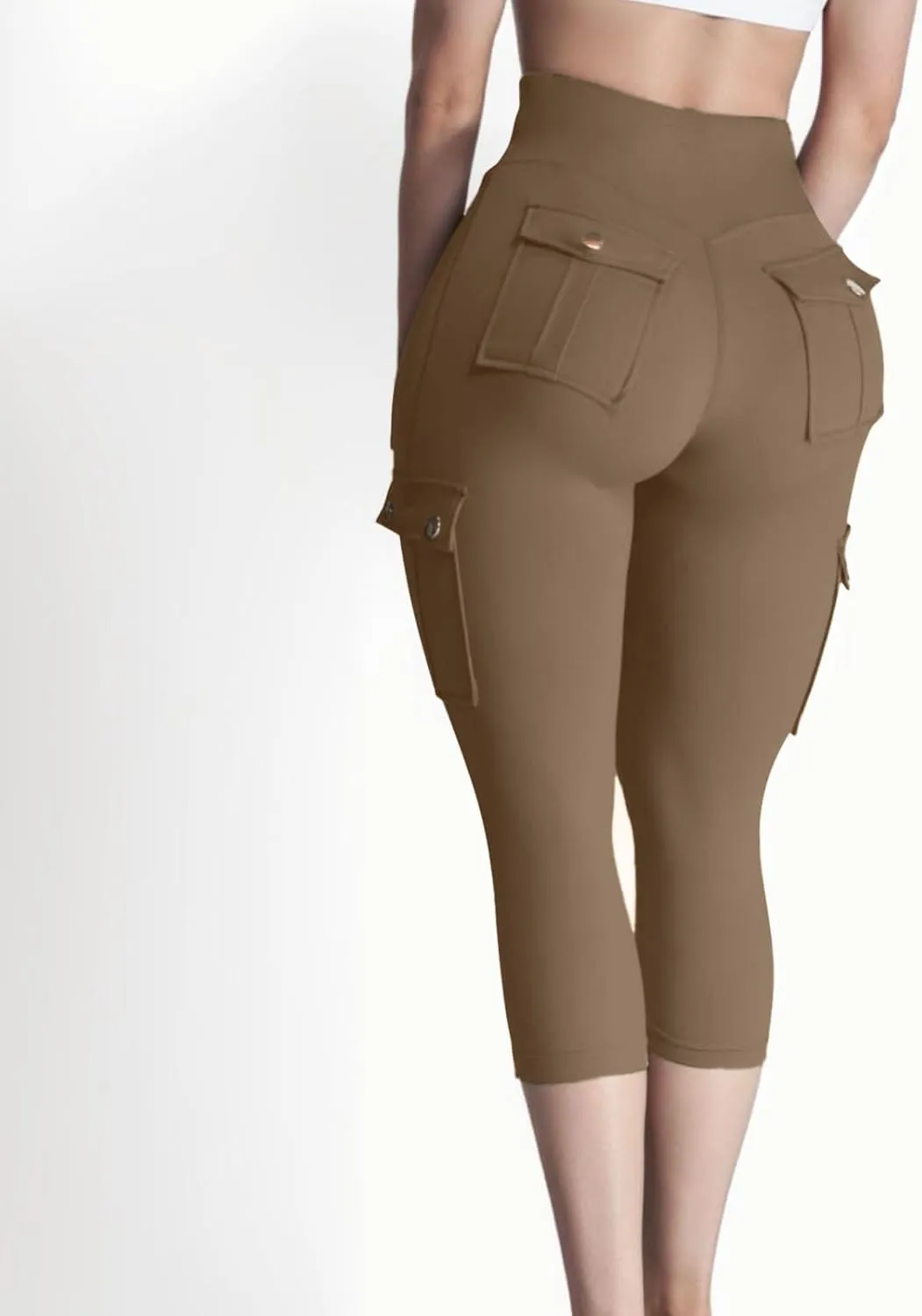 Women's Butt Lifting Biker Capri Cargo High Waist Flap Pocket Workout Capris Causal Athletic Gym Training Sweatpant