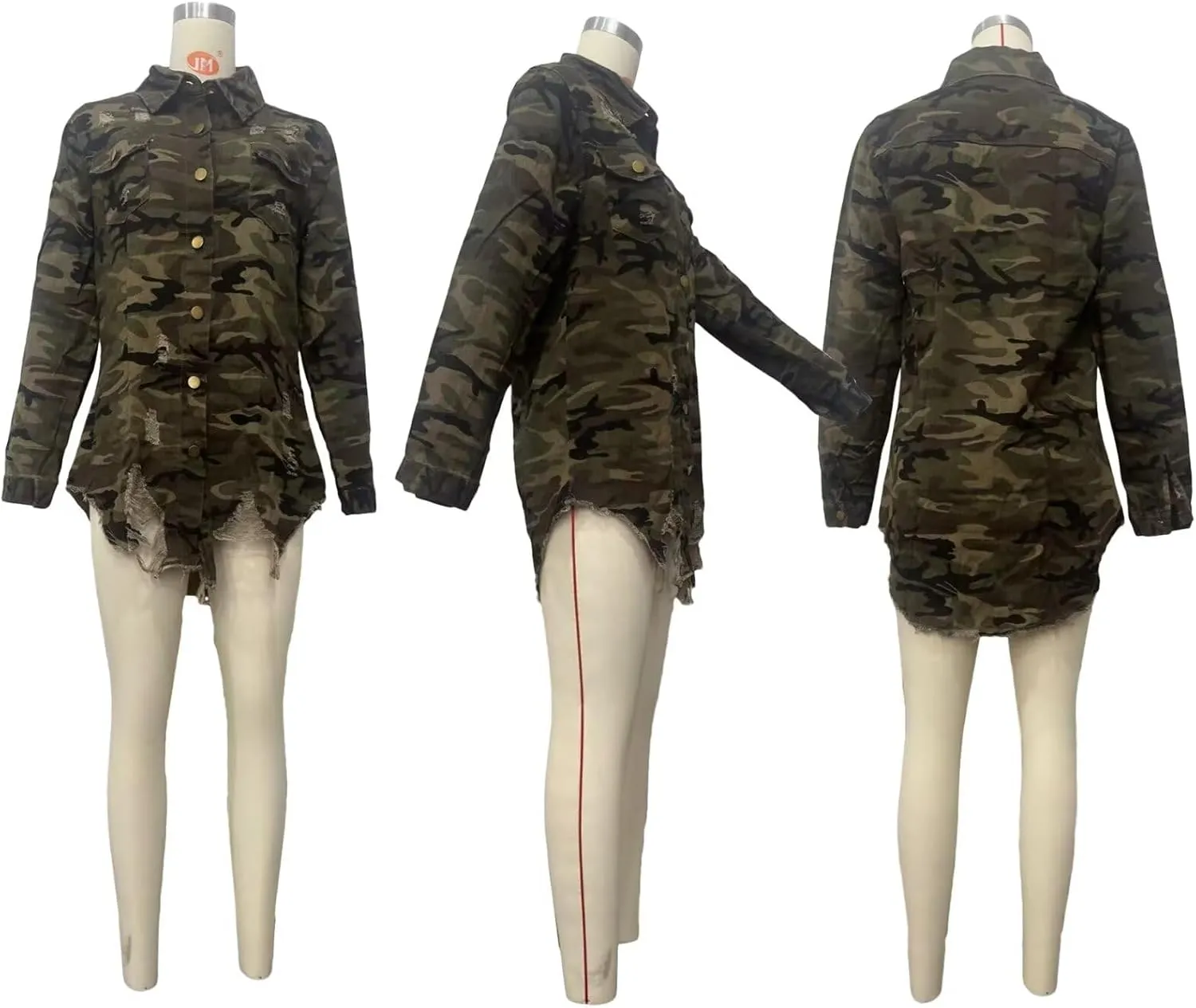 Women's Camo Button Boyfriend Jackets with Pockets Distressed Army Fatigue Casual Long Sleeve Ripped Coat Outerwear