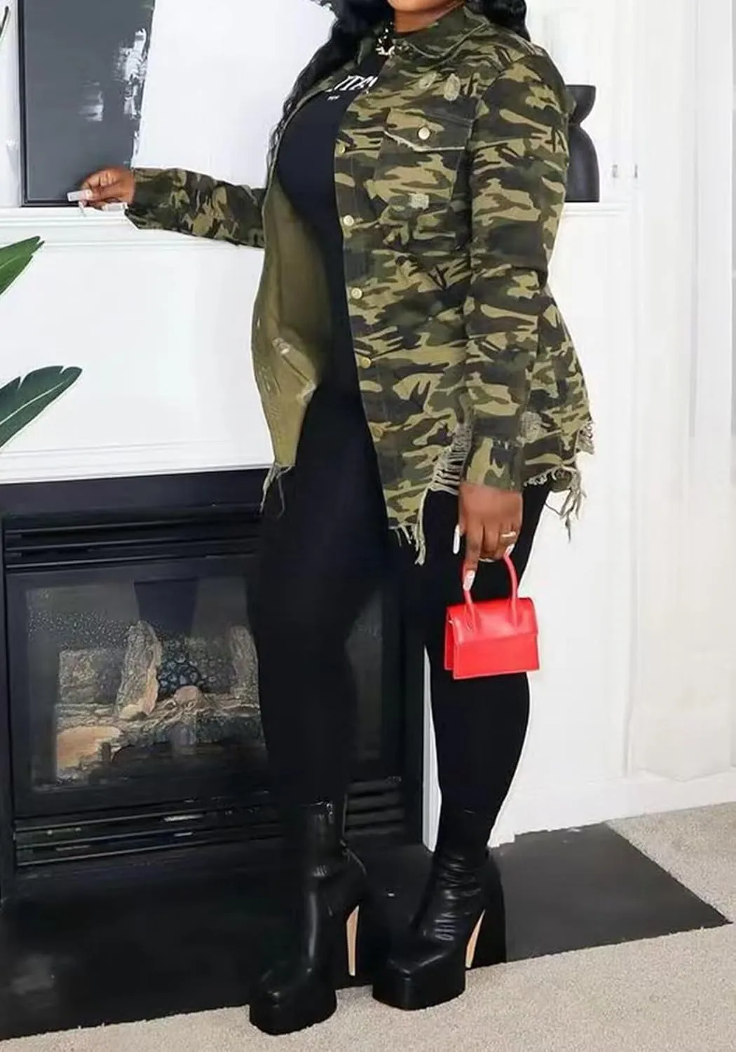 Women's Camo Button Boyfriend Jackets with Pockets Distressed Army Fatigue Casual Long Sleeve Ripped Coat Outerwear