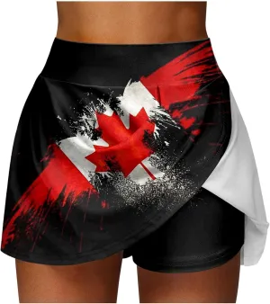 Womens Canada Flag Skorts,Satin Silk Mini Skirts for Women Vintage Maple Leaf Printed Tennis Skirts High Wasited Golf Skort