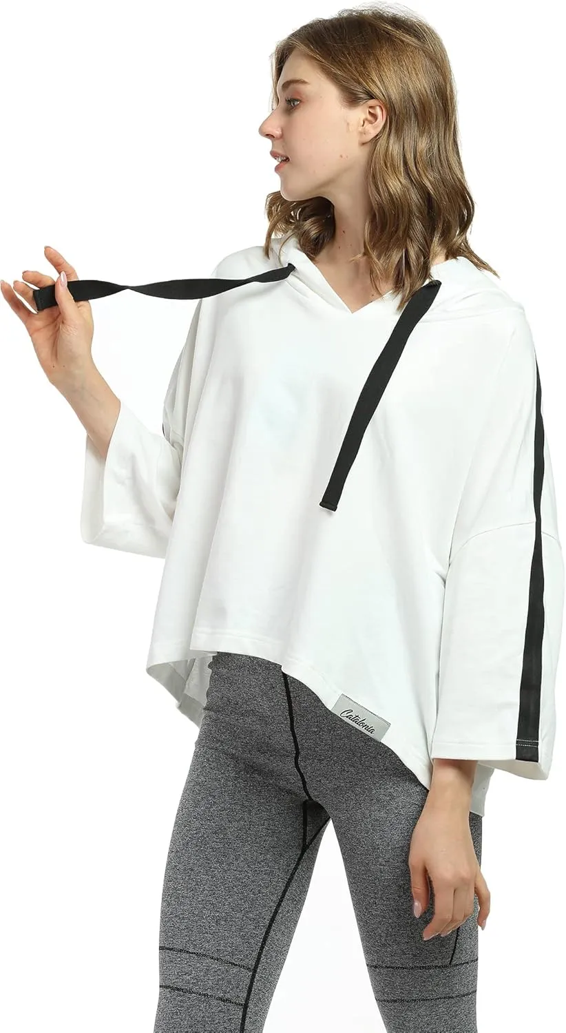 Womens Casual Cropped Hoodie, 3/4 Sleeve Loose Pullover Sweatshirt Crop Top