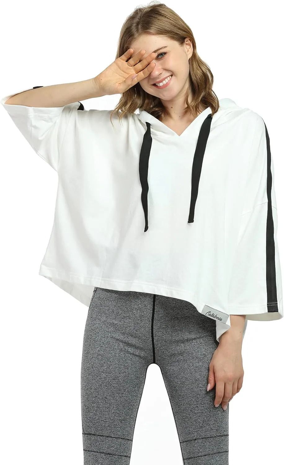 Womens Casual Cropped Hoodie, 3/4 Sleeve Loose Pullover Sweatshirt Crop Top