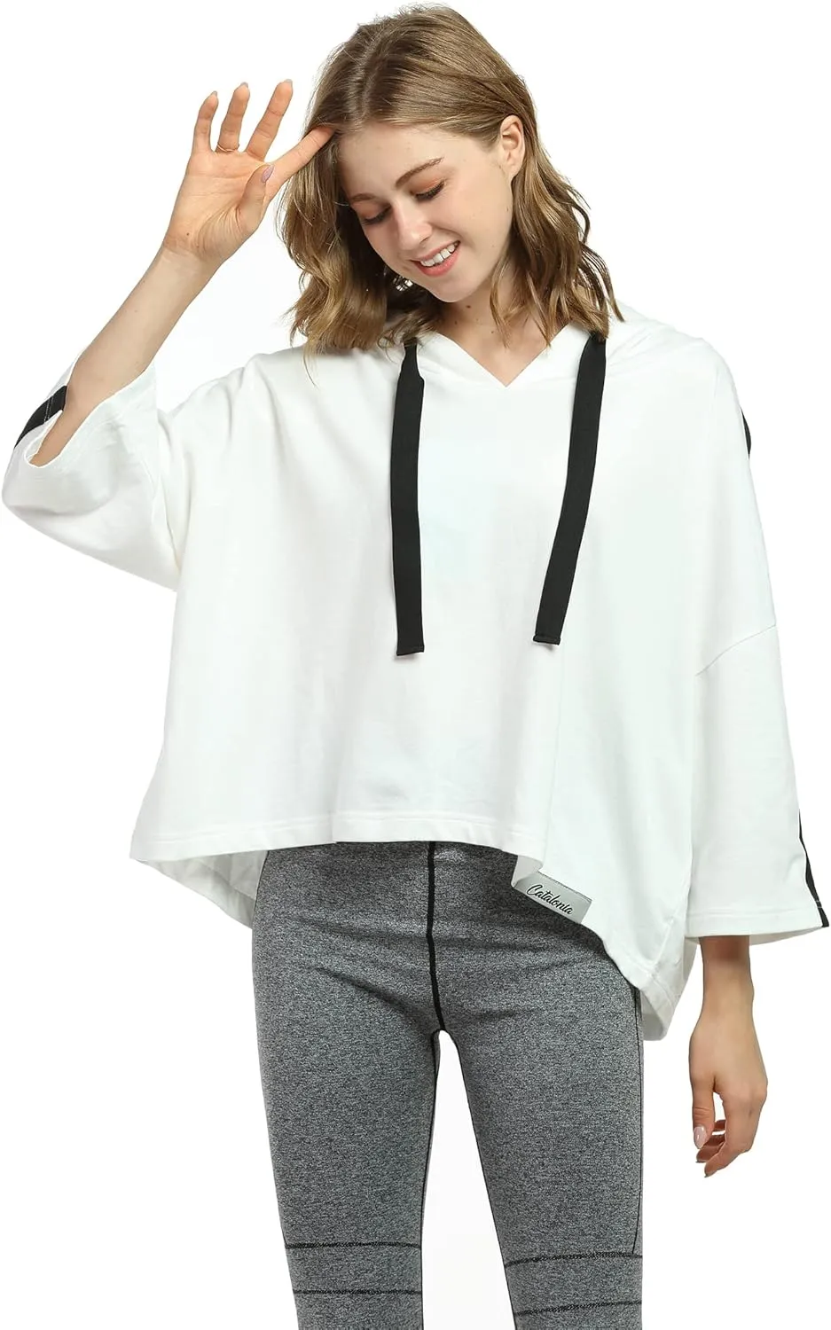 Womens Casual Cropped Hoodie, 3/4 Sleeve Loose Pullover Sweatshirt Crop Top