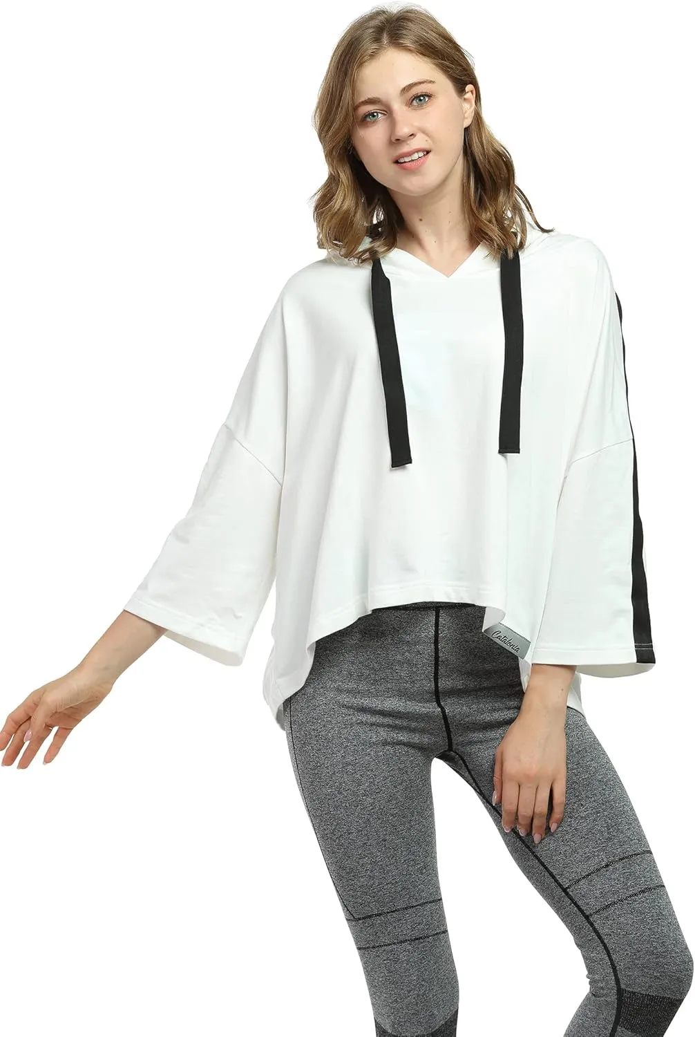 Womens Casual Cropped Hoodie, 3/4 Sleeve Loose Pullover Sweatshirt Crop Top