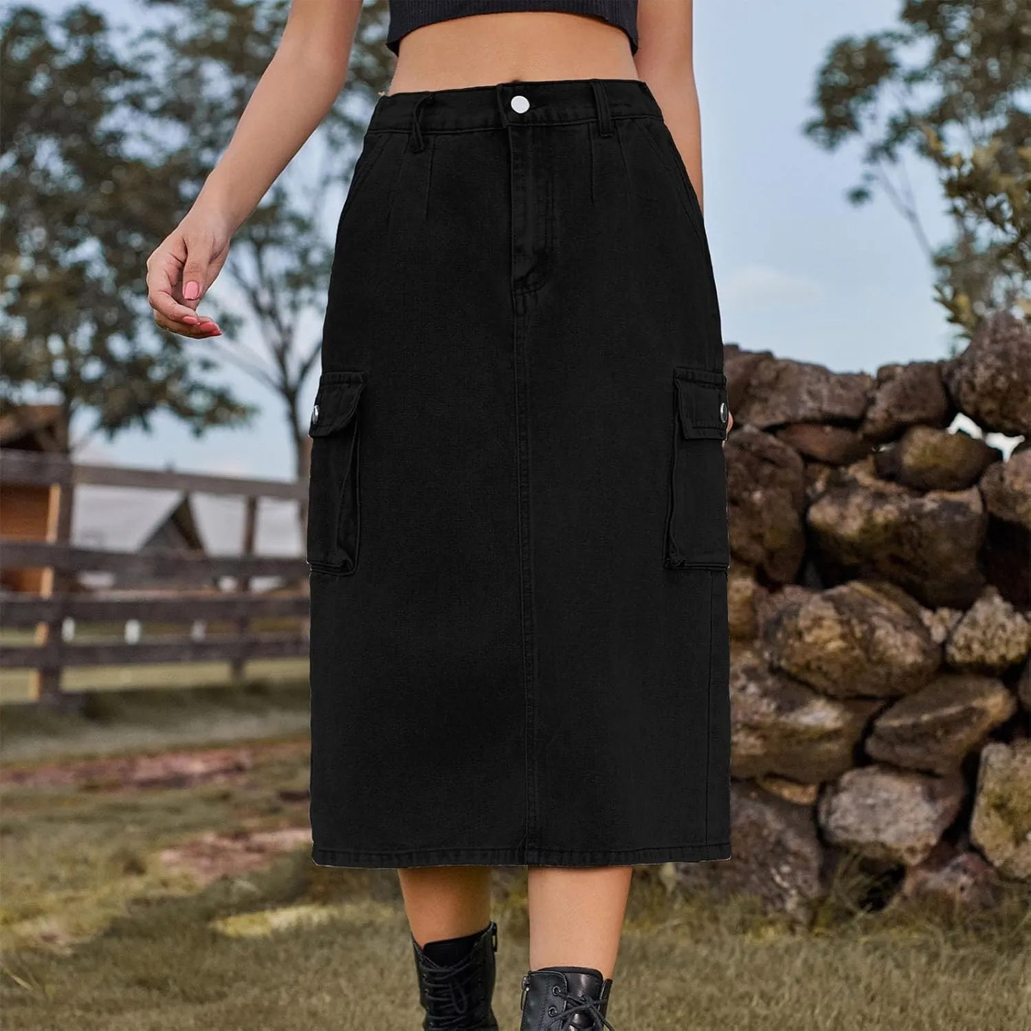 Womens Casual Denim Skirt Button High Waisted Split A-line Midi Skirt Bodycon Pencil Jean Skirt with 2 Flap Pockets