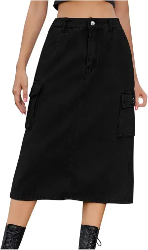 Womens Casual Denim Skirt Button High Waisted Split A-line Midi Skirt Bodycon Pencil Jean Skirt with 2 Flap Pockets