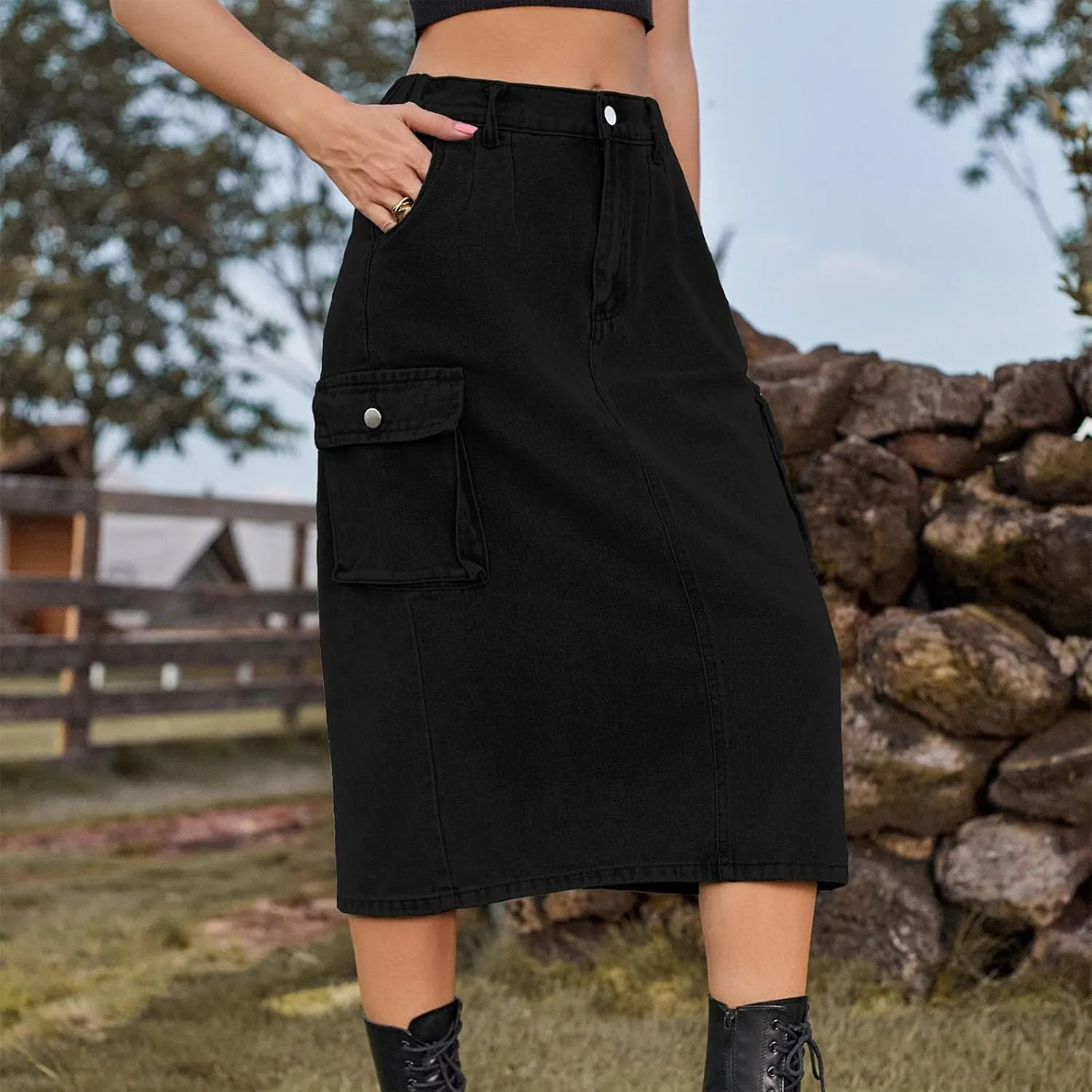 Womens Casual Denim Skirt Button High Waisted Split A-line Midi Skirt Bodycon Pencil Jean Skirt with 2 Flap Pockets