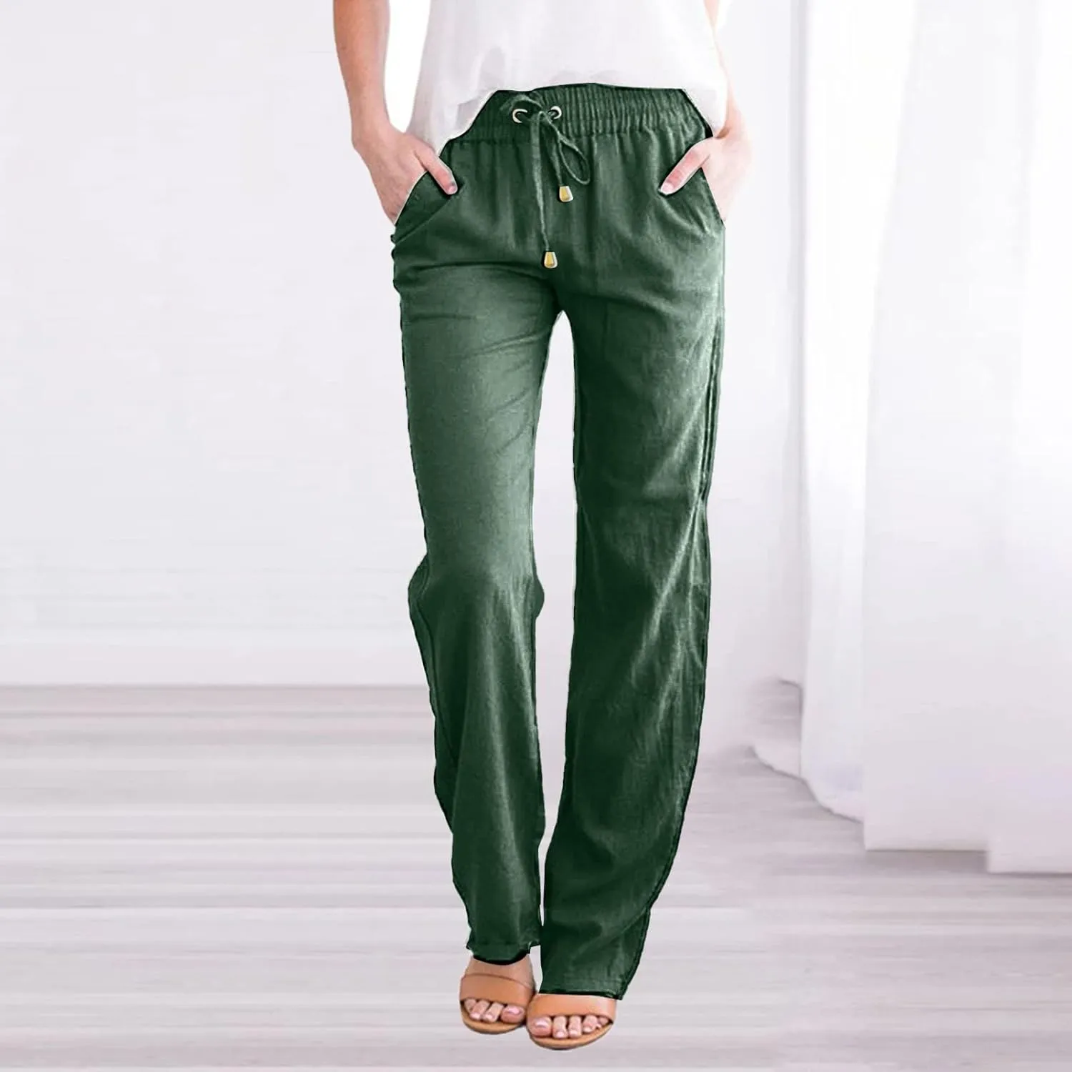 Womens Casual Linen Pants High Waisted Drawstring Solid Loose Fit Summer Beach Slacks Trousers with Side Pockets
