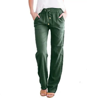 Womens Casual Linen Pants High Waisted Drawstring Solid Loose Fit Summer Beach Slacks Trousers with Side Pockets