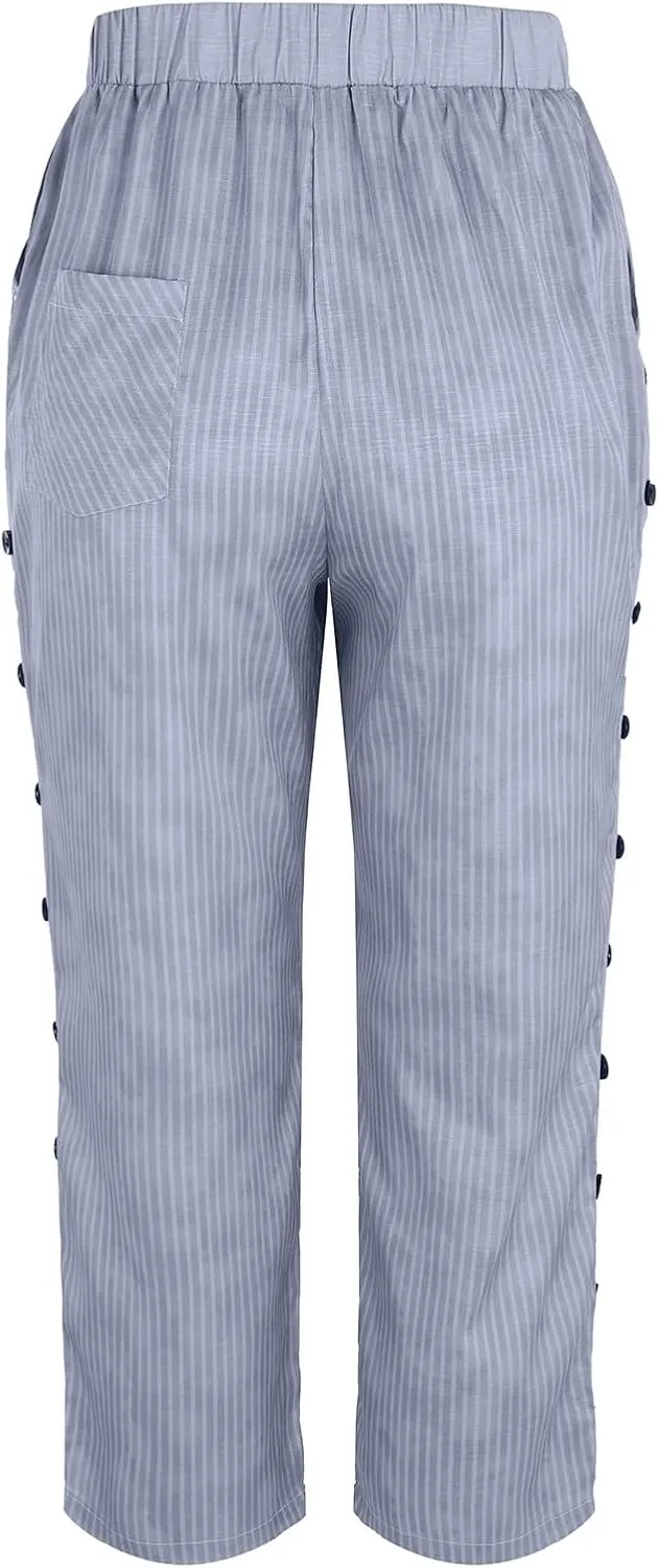 Women's Casual Pants Side Button Lightweight Straight Leg Drawstring Elastic Waist Pants Baggy Trousers with Pockets