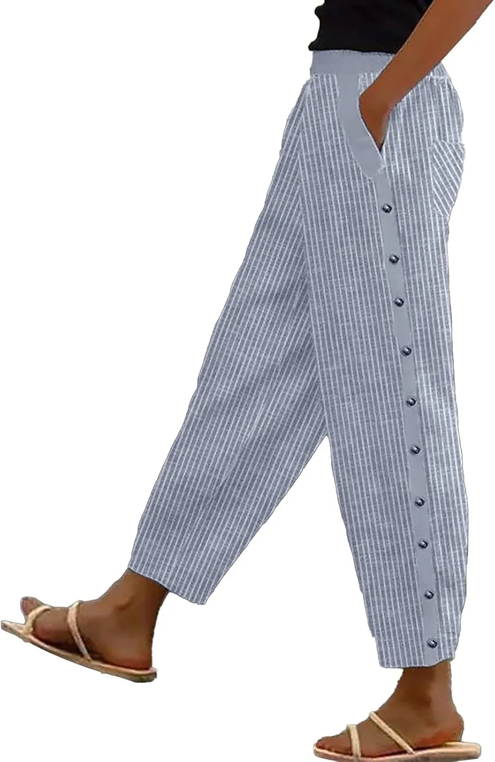 Women's Casual Pants Side Button Lightweight Straight Leg Drawstring Elastic Waist Pants Baggy Trousers with Pockets