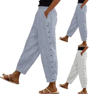 Women's Casual Pants Side Button Lightweight Straight Leg Drawstring Elastic Waist Pants Baggy Trousers with Pockets