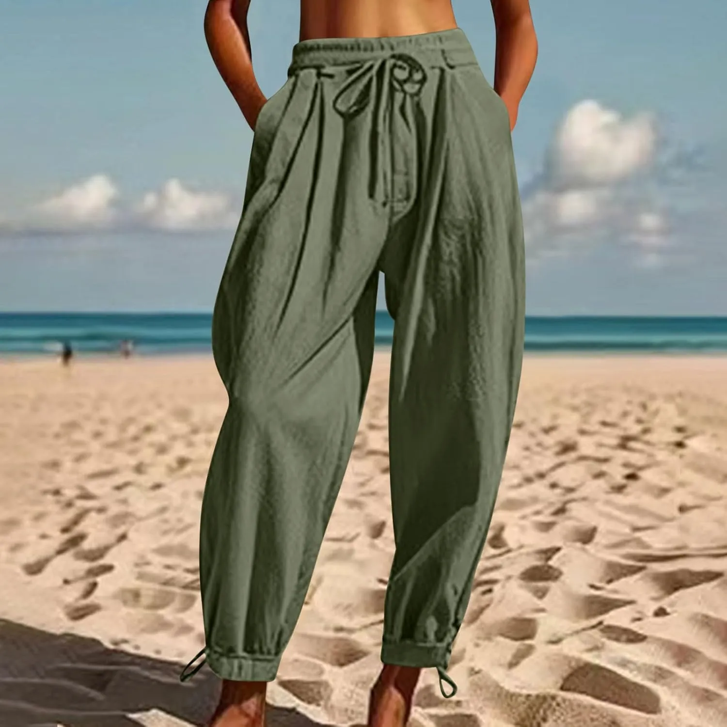 Womens Cinch Bottom Cotton Linen Pants Summer Casual Solid High Waist Drawstring Trousers Baggy Trouser with Pockets