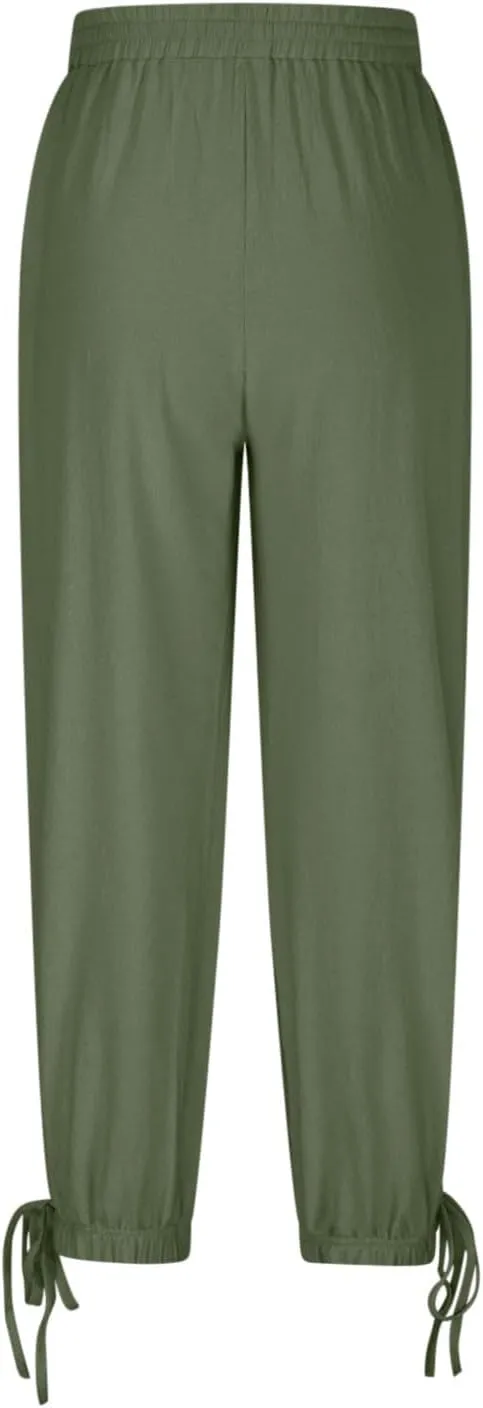 Womens Cinch Bottom Cotton Linen Pants Summer Casual Solid High Waist Drawstring Trousers Baggy Trouser with Pockets