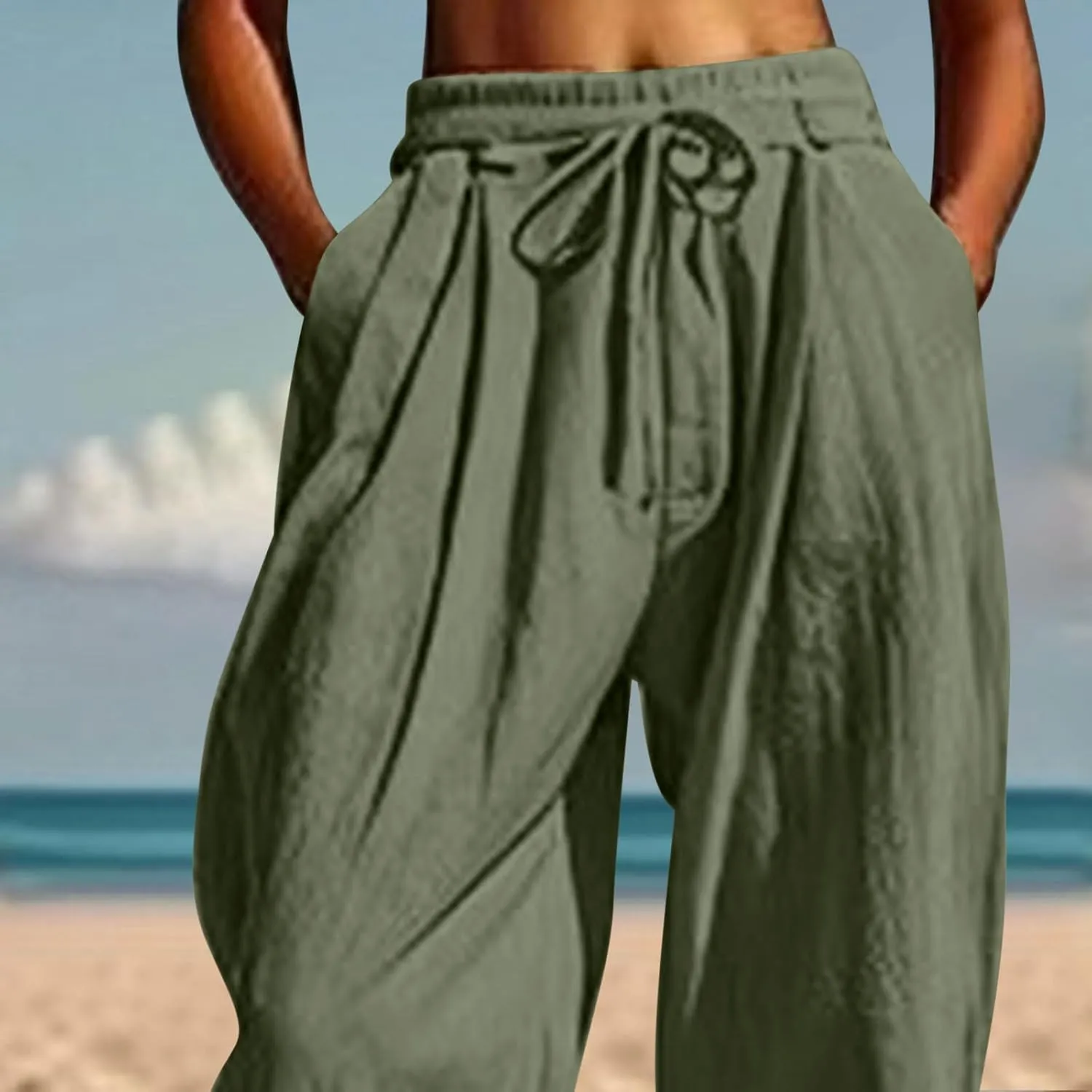 Womens Cinch Bottom Cotton Linen Pants Summer Casual Solid High Waist Drawstring Trousers Baggy Trouser with Pockets