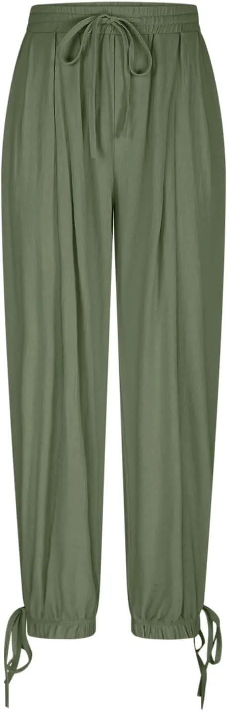 Womens Cinch Bottom Cotton Linen Pants Summer Casual Solid High Waist Drawstring Trousers Baggy Trouser with Pockets